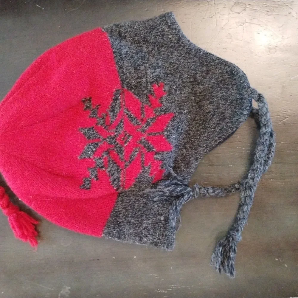 Red Gray Snowflake Holiday Wool Blend Knit Earflap Beanie Hat with Tassels